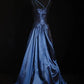 girlhomeshops - Robe de soirée longue en satin bleu marine à fines bretelles et sequins ornée d'un grand nœud (gh6305)