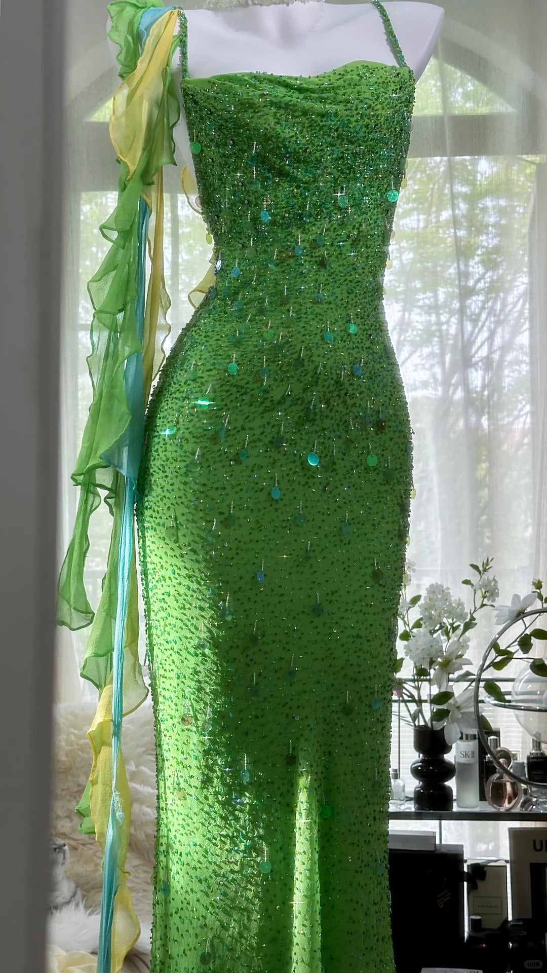 Green Beautiful Charming Fashion Elegant Sparkling Exquisite Sequin Beaded Long Chiffon Ball Gown Evening Gown Birthday Party Gown Prom Gown Graduation Gown gh3946
