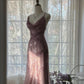 Pink  Romantic Fashion Elegant Exquisite Beaded Spaghetti Strap Long Tulle Chiffon Ruffle Ball Gown Evening Gown Party Dress gh4059