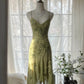 Robe de soirée élégante et romantique verte, à fleurs délicates, avec des appliques et des perles, à bretelles spaghetti, mi-longue/courte, en mousseline de soie, à volants, gh4060