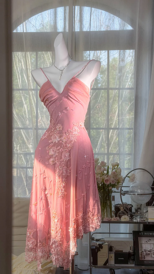 Light Pink V-Neck Spaghetti Straps Waist-Cinched Fitted Midi Evening Dress, Fairy Gown, Romantic Gown gh7436