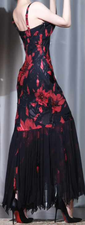 ✨Girlhomeshops-Black Red Floral Spaghetti Strap Mermaid Prom Gown Chiffon Dress gh10081