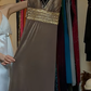 Taupe Chiffon Evening Gown Halter V Neck Gold Beaded Waist Flowy Long Formal Prom Dress gh9736