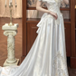 White Vintage Satin A‑Line Wedding Prom Dress, Off‑the‑Shoulder V‑Neck Cape Sleeves, Lace Beaded Bodice, Lace Appliqués Long Train gh8712