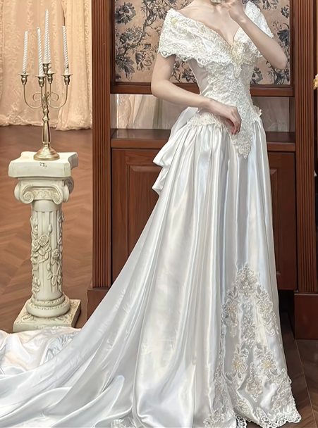 White Vintage Satin A‑Line Wedding Prom Dress, Off‑the‑Shoulder V‑Neck Cape Sleeves, Lace Beaded Bodice, Lace Appliqués Long Train gh8712