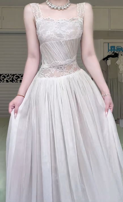 Ivory Vintage Sleeveless Long Prom Gown, Square Neck Lace Cutout Waist Pleated Chiffon A‑Line Evening Dress for Wedding Party gh8958