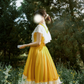 Vintage Yellow V-Neck White Lace Fitted Waist Tiered Cake Skirt Prom & Evening Party Dress gh8495