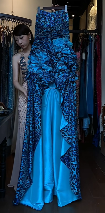 Turquoise Blue Leopard Strapless Mermaid Evening Gown 3D Flower Ruffle Beaded Long Formal Prom Dress gh9740