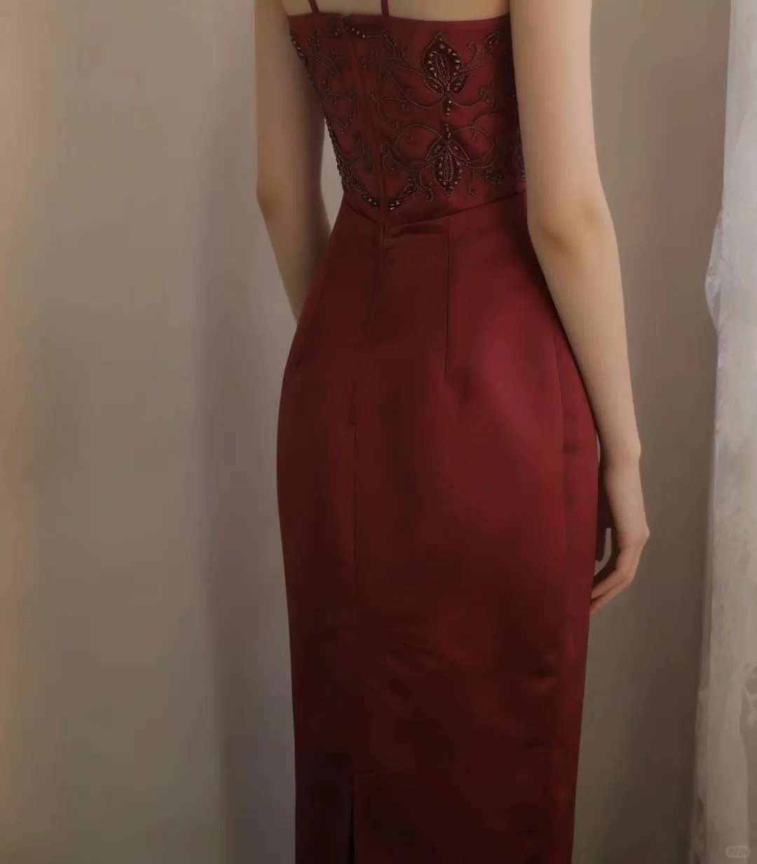 Burgundy Halter Long Evening Gown, Beaded Lace Embroidered Bodice Satin Fitted Sheath Formal Party Dress gh9115