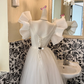 White Ruffled Spaghetti Straps Waist-Cinched Full Flared Skirt Romantic Dress, Wedding Gown gh7626