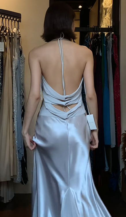 Light Silver Halter V Neck Wrap Satin Mermaid Long Evening Prom Dress with Ruffle Sash gh9755