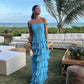 Blau/Gelb Schulterfrei A-Linie Stufen Lang Chiffon Ballkleid Elegant Rüschen Bodenlang Ballkleid Abendkleid Hochzeitsfestkleid gh3656