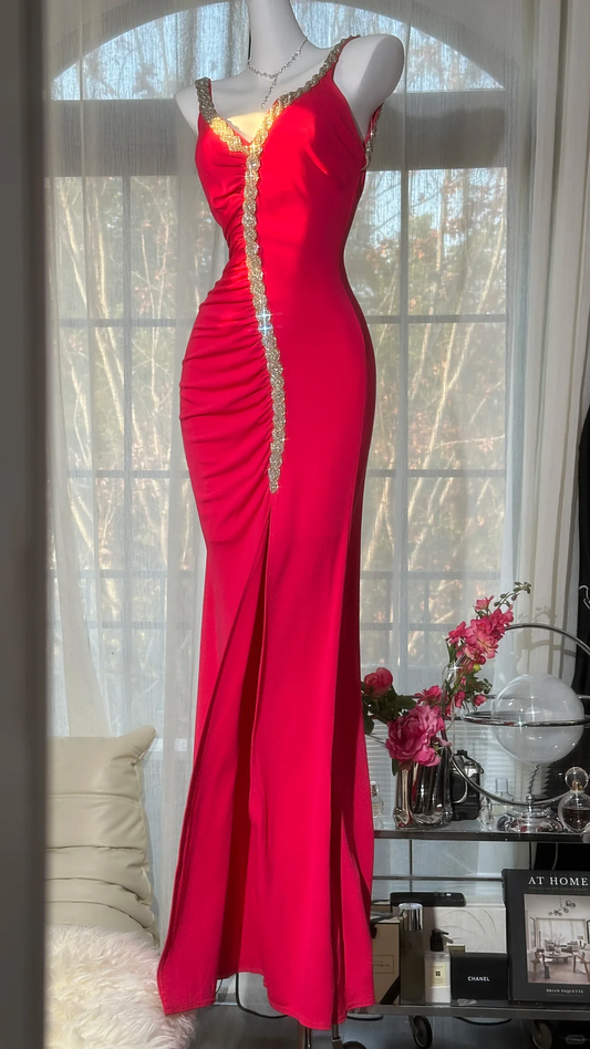 Bright Red V Neck Spaghetti Strap Rhinestone Ruched Slit Mermaid Long Evening Dress, Prom Gown gh9534