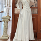 Ivory Vintage Wedding Gown, Illusion High Neck With V‑Cut Out, Beaded Lace Appliqué Sheer Long Sleeves, Fitted Waist Flowy Chiffon Skirt, Long Train, Bridal Prom Dress gh8724