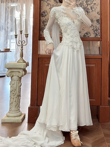 Ivory Vintage Wedding Gown, Illusion High Neck With V‑Cut Out, Beaded Lace Appliqué Sheer Long Sleeves, Fitted Waist Flowy Chiffon Skirt, Long Train, Bridal Prom Dress gh8724