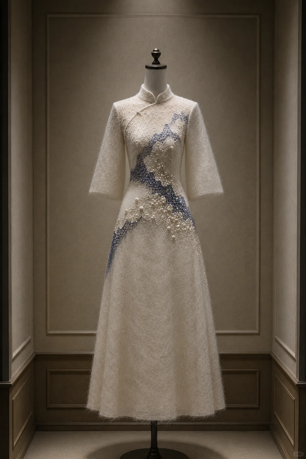 ✨Girlhomeshops-Cream Pearl Beaded Blue Embroidery Qipao Cheongsam Evening Dress gh10381
