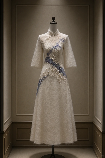 ✨Girlhomeshops-Cream Pearl Beaded Blue Embroidery Qipao Cheongsam Evening Dress gh10381