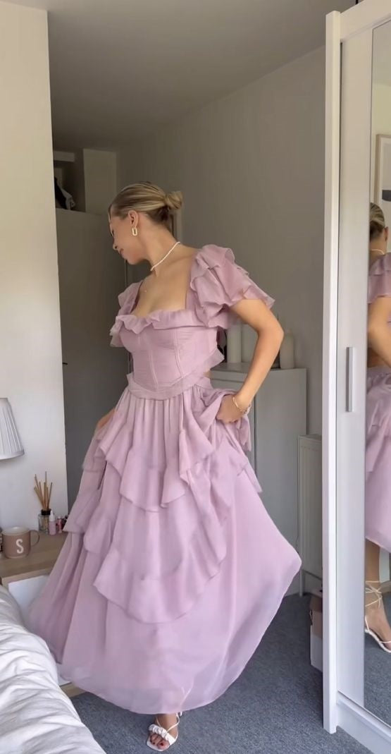 Robe de soirée longue en mousseline de soie et tulle, élégante et vintage, violette, tenue de soirée, de mariage, d'anniversaire, gh4062
