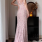 Light‑Pink‑Mermaid‑Evening‑Gown V‑Neck‑Cap‑Sleeves All‑Over‑Beaded‑Sequins Side‑Scroll‑Embroidery Fitted‑Sweep‑Train Retro‑Prom‑Bridal‑Reception‑Dress gh8848