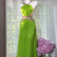 Lime Green Pleated Halter Long Prom Dress, Heavy Gold & Silver Rhinestone Cutout Waist Evening Gown, Sparkly Chiffon Formal Party Dress gh9494