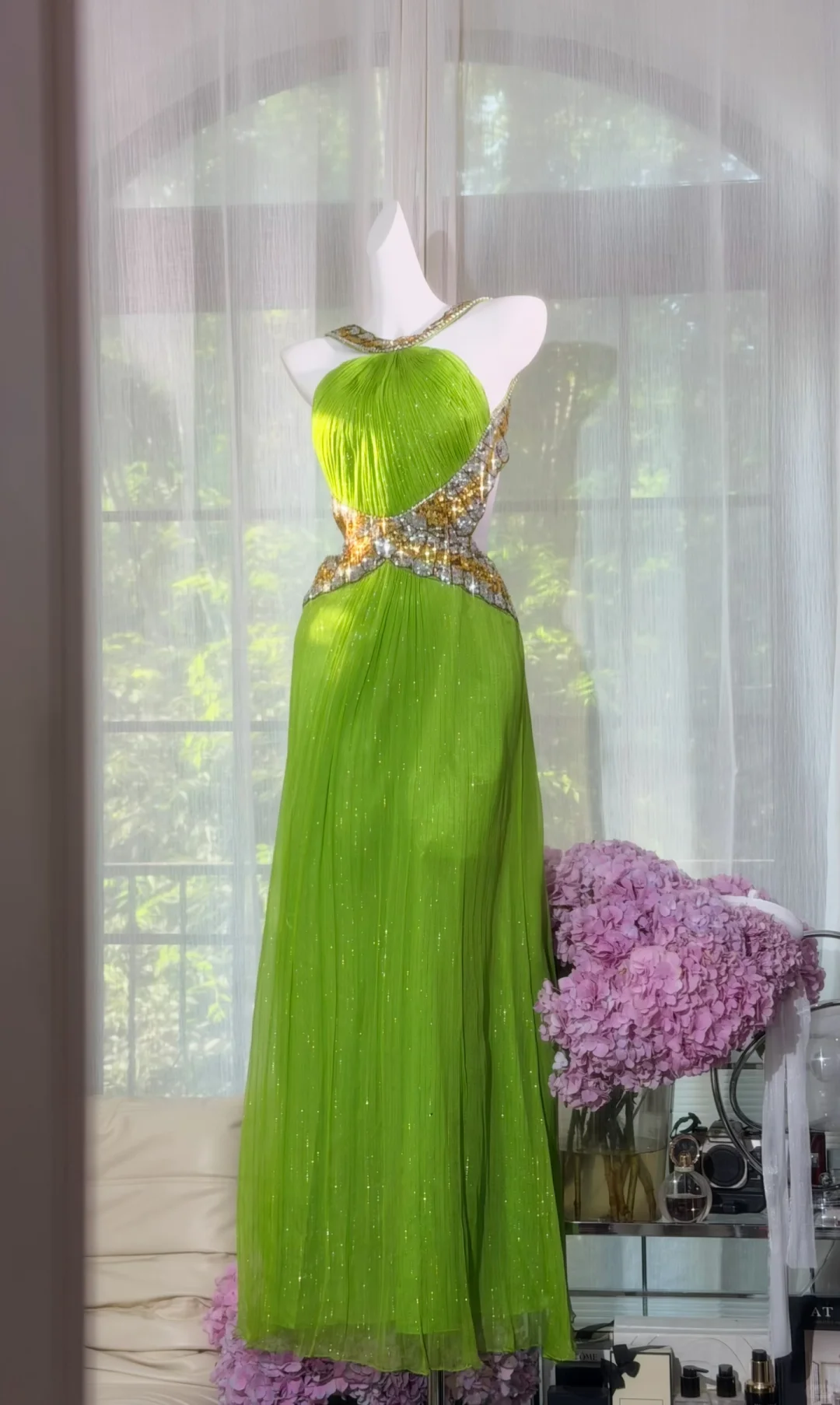 Lime Green Pleated Halter Long Prom Dress, Heavy Gold & Silver Rhinestone Cutout Waist Evening Gown, Sparkly Chiffon Formal Party Dress gh9494