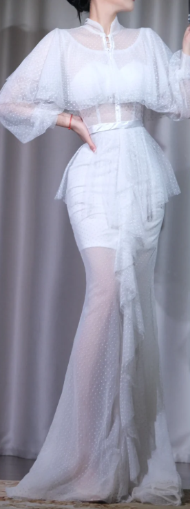 ✨Girlhomeshops-White Swiss Dot Mesh Mermaid Wedding Gown Mandarin Collar Bubble Sleeve Ruffle Bridal Dress gh10085