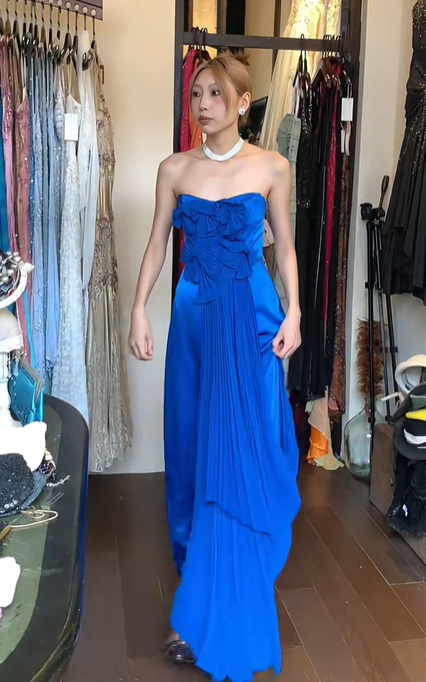 Royal Blue Strapless Prom Dress 3D Ruffle Floral Long Pleated Formal Evening Gown gh9839
