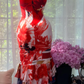 Red Floral Print Chiffon Midi Dress, Deep V Tie Front Spaghetti Strap Bodycon Mermaid Evening Gown, Vintage Painting Style Wedding Guest Party Dress gh9489