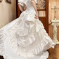 White Satin Vintage Illusion V‑Neck Puff Short Sleeve Lace Ruffle Fitted Waist Ball Gown Prom Dress, Wedding Dress gh8616