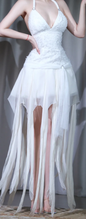✨Girlhomeshops-Halter White Fringe Chiffon Evening Gown Deep V Irregular Party Dress gh10036