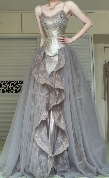 Silver‑Grey Spaghetti Strap Corset Ball Gown, Heavy Beaded Lace Overlay High‑Slit Tulle Formal Prom Dress gh9030