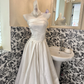 White Satin Strapless Cinched Waist Full Flared Skirt Long Premium Romantic Dress, Wedding Gown gh7795