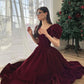 Burgunderrotes Samtkleid mit V-Ausschnitt, kurzen Puffärmeln, Perlenbesetzt, A-Linie, bodenlang, Ballkleid, Abendkleid, Weihnachtspartykleid gh3042