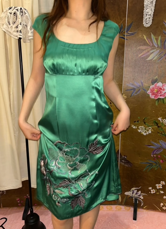 Green Vintage Luxury Satin Square Neck Fitted Waist Printed Prom & Evening Party Dress gh8429