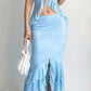 Blue/Pink Floral Ruffle Long Chiffon Outdoor Holiday Travel Party Dress Two-Piece Suit Dress gh4770