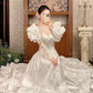 Off‑White Long Puff Sleeve Vintage Fitted Waist Palace‑Style Full Flared Skirt Prom Gown, Wedding Dress gh8594