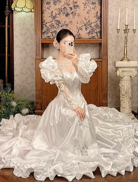 Off‑White Long Puff Sleeve Vintage Fitted Waist Palace‑Style Full Flared Skirt Prom Gown, Wedding Dress gh8594