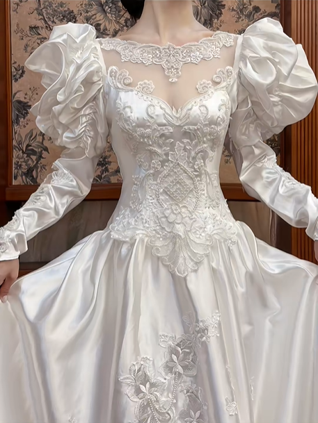 Ivory Vintage Satin Wedding Gown, Illusion Square Neck, Dramatic Puff Shoulder Combined Long Sleeves, Lace Appliqué Fitted Waist, Satin 3D Floral Embroidered Full Skirt, Ruffled Hem, Bridal Prom Dress gh8727