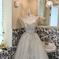 Ivory Gown With Silver Decorations, Waist-Cinched Full Flared Skirt Romantic Dress, Wedding Gown gh7654