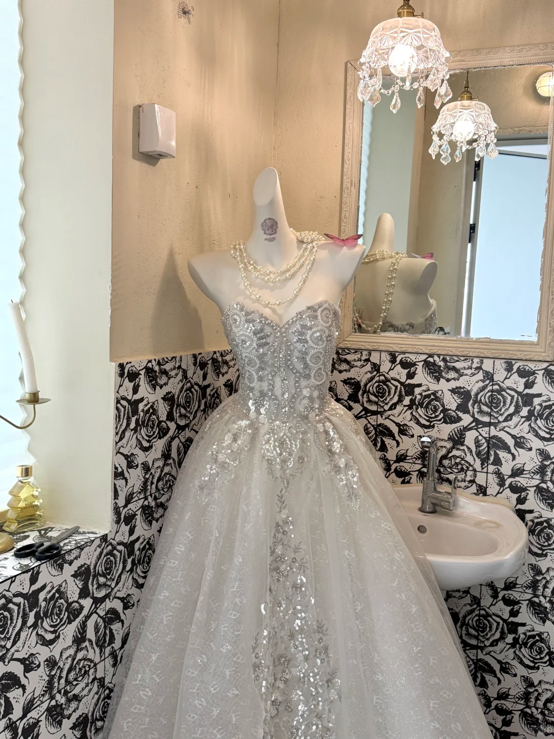 Ivory Gown With Silver Decorations, Waist-Cinched Full Flared Skirt Romantic Dress, Wedding Gown gh7654