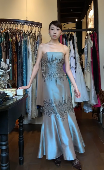 Dusty Blue Satin Strapless Tube Evening Gown Hand Beaded Rhinestone Mermaid Long Prom Dress gh9724
