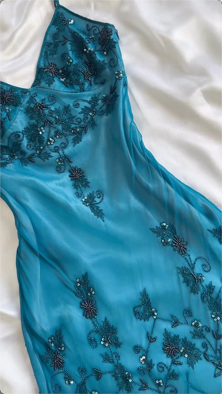 Blue shiny fashion exquisite beaded spaghetti strap long chiffon ball gown evening dress party dress gh3405