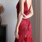Wine‑Red‑Vintage‑Dress Spaghetti‑Strap 3D‑Rose‑Appliqués Gold‑Beaded‑Embroidery Glitter‑Striped‑Tulle Asymmetrical‑Ruffled‑Slit‑Mermaid‑Hem Matching‑Tassel‑Scarf Midi‑Evening‑Party‑Gown gh8828