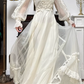 Ivory Vintage Lace Stand Collar Lantern Sleeve Tiered Lace‑Trim Long Train Tulle Wedding Dress gh8765