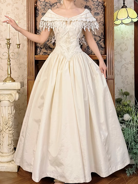 Off‑White Vintage Palace‑Style Neckline Fitted Waist Embroidered Full Flared Skirt Long Prom Gown, Wedding Dress gh8599