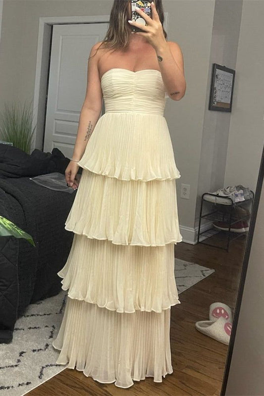 Cream Yellow/Light Pink/Green Fashion Elegant Strapless Long Chiffon Layered Ball Gown Evening Dress Wedding Bridesmaid Party Dress Prom Dress gh3657