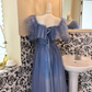 Dusty Blue Off-the-Shoulder Waist-Cinched Long Vintage Romantic Gown gh7553