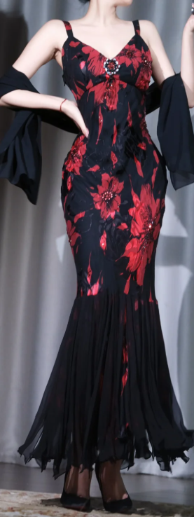 ✨Girlhomeshops-Black Red Floral Spaghetti Strap Mermaid Prom Gown Chiffon Dress gh10081