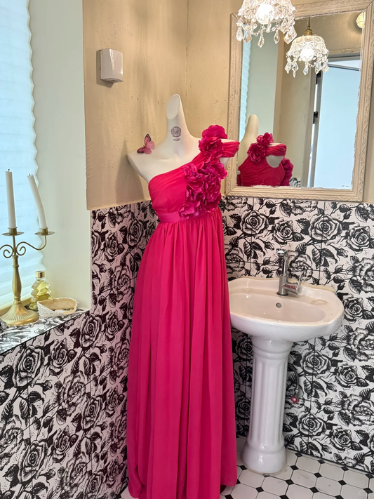 Magenta One-Shoulder Floral Design High Waist Slimming Romantic Dress, Wedding Gown gh7588