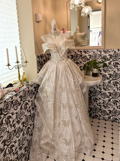 Ivory Off-the-Shoulder Soft Elegant Waist-Cinched Irregular Hem Romantic Dress, Wedding Gown gh7627